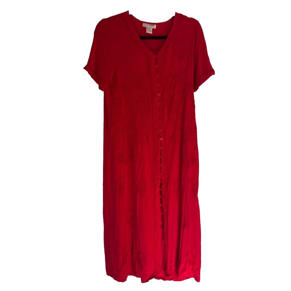 Vintage 90s Red Embroidered Midi Dress Button Front Tie Back S